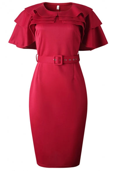 Gorgeous Womens Dress Plain Tiered Short Sleeve V-neck Belted Midi Tight Dress