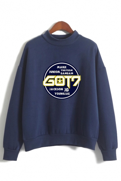 GOT7 Circle Letter Printed Mock Neck Long Sleeve Fitted Pullover Sweatshirt