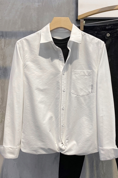 Guys Basic Shirt Plain Long Sleeve Spread Collar Button Up Chest Pocket Loose Fit Shirt