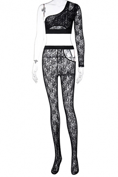 Hot Womens Set Sheer Lace Single Sleeve Oblique Shoulder Cut Out Crop Top & Skinny Pants Set in Black