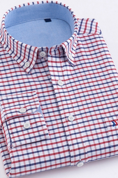 Leisure Guys Shirt Plaid Print Long Sleeve Button-down Collar Fitted Shirt Top