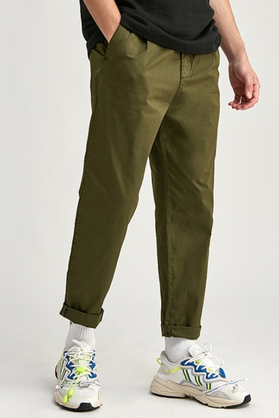 Leisure Pants Solid Color Mid Waist Ankle Length Tapered Fit Pants for Men
