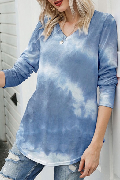 Leisure Womens T Shirt Tie Dye Print Long Sleeve V-neck Loose Fit Tee Top