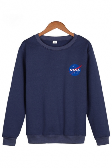 NASA Letter Graphic Printed Straps Embellished Round Neck Long Sleeve Pullover Sweatshirt