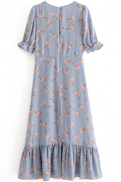 Popular Girls Dress Ditsy Floral Printed Short Sleeve V-neck Ruffled Mid A-line Dress in Blue