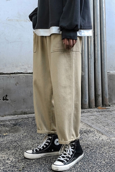 Popular Mens Pants Solid Color Mid Waist Ankle Length Wide-leg Pants