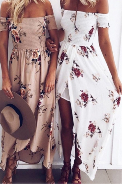 Popular Womens Dress Allover Floral Printed Off the Shoulder High Slit Maxi A-line Dress