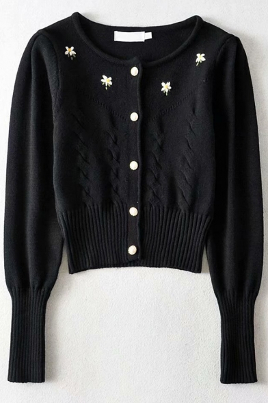 Pretty Girls Cardigan Floral Embroidery Long Sleeve Pearl Button Slim Fit Cardigan