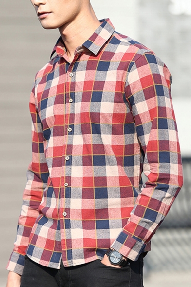 Simple Men's Shirt Plaid Print Button Fly Turn-down Collar Long Sleeve Regular Fitted Shirt