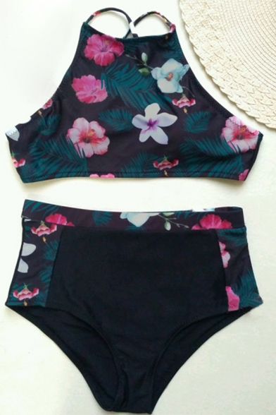 Summer Sexy Halter-Neck Tropical Floral Printed Retro High-Waist Black Swimwear