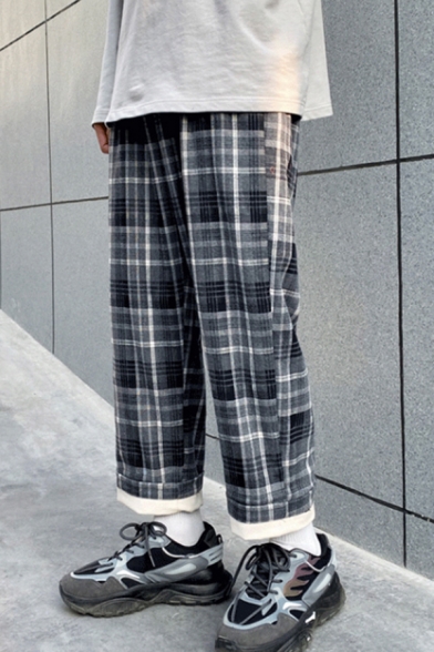 Trendy Mens Pants Plaid Pattern Mid Waist Loose Fit Long Straight Lounge Pants