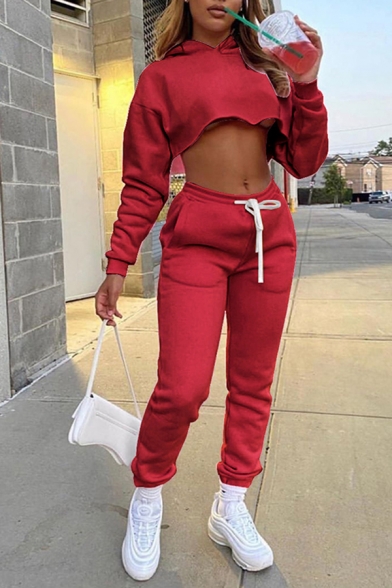 Trendy Womens Set Plain Long Sleeve Relaxed Cropped Hoodie & Sweatpants Co-ords