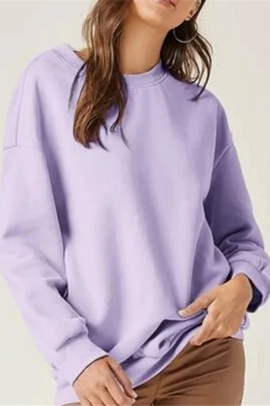 Trendy Womens Sweatshirt Solid Color Long Sleeve Crew Neck Relaxed Pullover Sweatshirt
