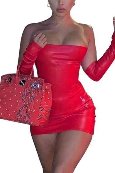 Unique Women's Strapless Dress Solid Color PU Leather Mini Strapless Dress with Gloves
