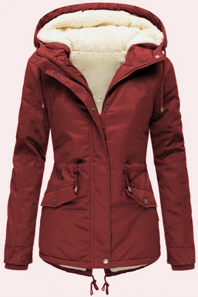 Women's Fashion Plain Long Sleeve Hooded Zipper Button Front Flap Pockets Drawstring Sherpa Fleece Fitted Parka Coat