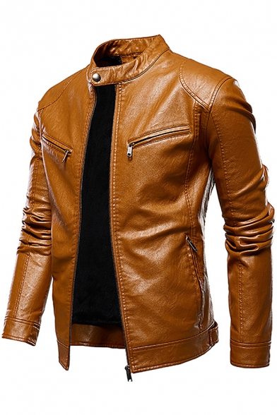 Basic Jacket Mens Thick Full-Zipper Long Sleeve Stand Collar Slim Fit PU Jacket