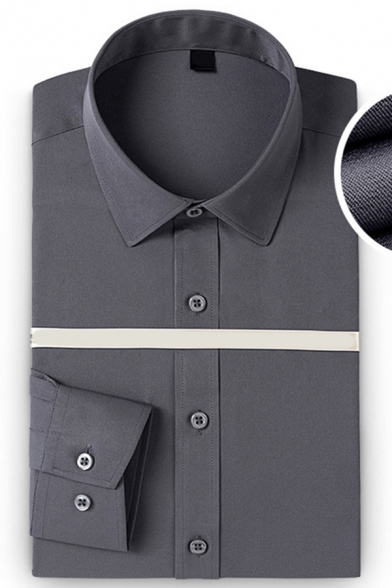 Basic Mens Shirt Solid Color Long Sleeve Turn Down Collar Button Up Slim Fitted Shirt Top