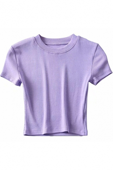 Basic Women's Tee Top Solid Color Round Neck Short Sleeve Slim Fitted Bottoming T-Shirt