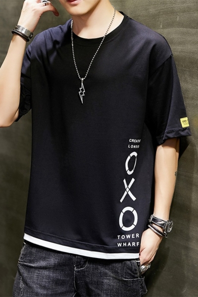 Casual Letter Oxo Pattern Short Sleeve Crew Neck Relaxed-fit T-shirt for Boys