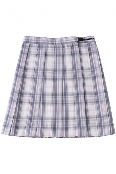 Casual Women's Skirt Plaid Print Invisible Zip Pleated Detail High Waist Regular Fitted A-Line Skirt