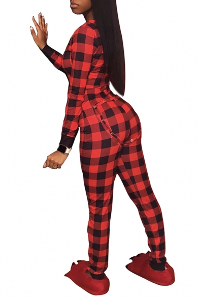 Casual Womens Jumpsuit Stripe Plaid Printed Long Sleeve V-neck Button Detail Ankle Fitted Jumpsuit