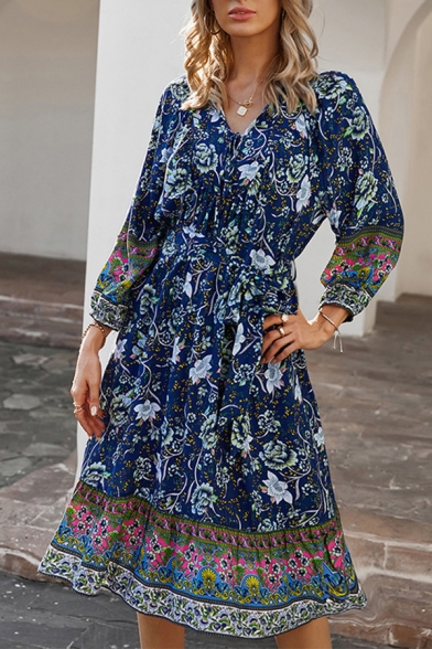 Classic Womens Dress Floral Positioning Pattern Tie-Waist Midi 3/4 Sleeve A-Line V Neck Dress