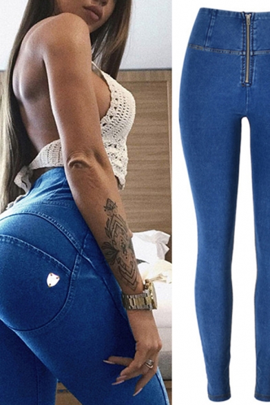 Classic Womens Jeans High Rise Zipper Fly Peach Butt Stretchable Slim Fit Ankle Length Blue Pencil Jeans with Washing Effect