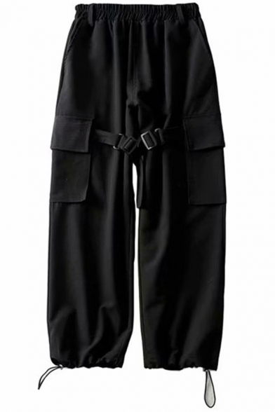 Cool Girls Pants Solid Color Elastic Waist Drawstring Cuffs Flap Pockets Ankle Length Carrot Fit Cargo Pants