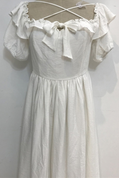 Cute Girls Dress White Ruffled Short Sleeve Criss Cross Bow Tied Front Mid Pleated A-line Dress