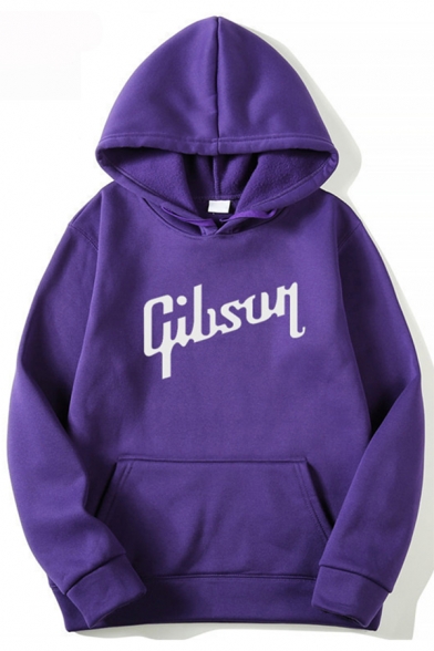 eisure Mens Letter L'esson Printed Drawstring Pouch Pocket Long Sleeve Relaxed Fit Hoodie in Purple