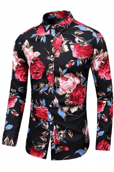 Elegant Men's Shirt Floral Pattern Button Fly Point Collar Long Sleeve Regular Fitted Shirt