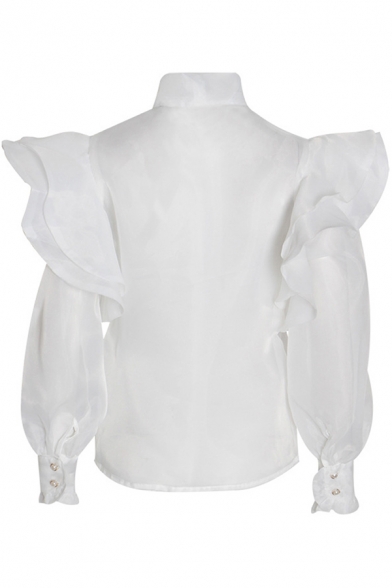 Elegant Womens Shirt See-through Chiffon Ruffled Trim Long Sleeve Bow Tied Neck Button Up Relaxed Plain Shirt