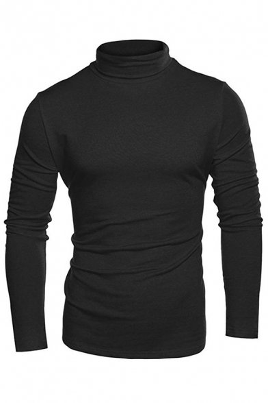 Guys Basic T Shirt Solid Color Long Sleeve Turtleneck Slim Fitted T Shirt