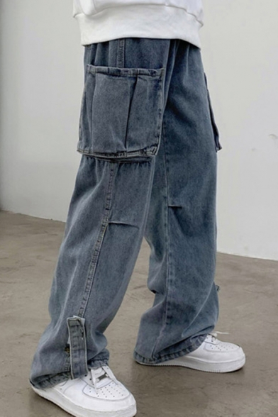 Guys Stylish Jeans Plain Pockets Panel Mid Waist Long Length Wide-leg Jeans in Light Blue