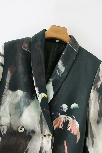Ladies Stylish Blazer Tie Dye Print Long Sleeve Double Breasted Regular Fit Blazer in Black