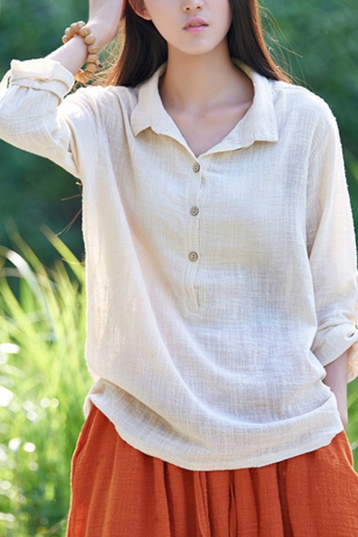 Leisure Womens Shirt Linen Roll Up Sleeve Polo Collar Relaxed Fit Solid Plain Shirt