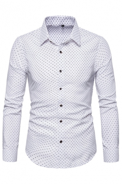 Mens Leisure Polka Dot Printed Long Sleeve Single Breasted White Daily Shirt