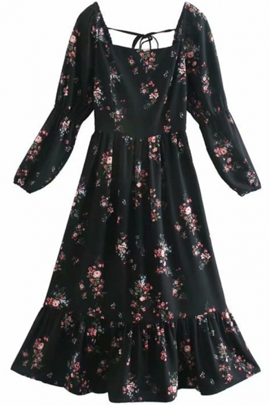Popular Womens Dress Allover Floral Print Long Sleeve Square Neck Ruffled Short A-line Dress in Black