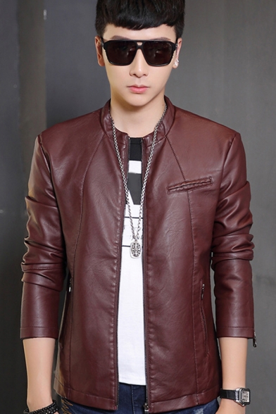 Retro Men's Jacket PU Leather Solid Color Zip Fly Long Sleeve Stand Collar Long Sleeve Regular Fitted Leather Jacket