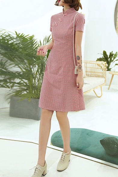 Retro Womens Dress Plaid Pattern Knee-Length Mandarin Collar Slim Fit Short Sleeve Improved Cheongsam Dress