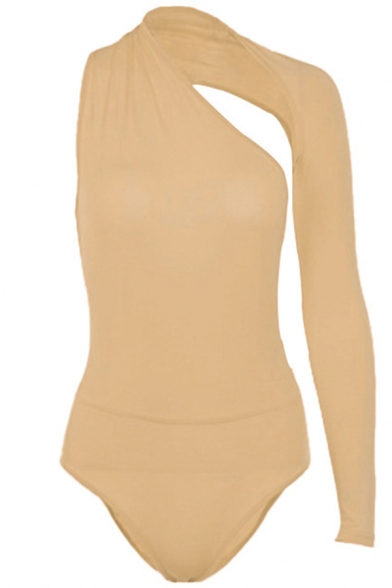 Nanquan Women Long Sleeve Solid Color One Shoulder Bodysuit Rompers Jumpsuit 