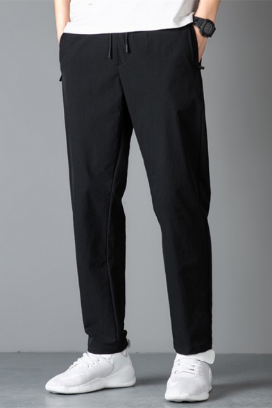Simple Pants Plain Drawstring Waist Ankle Length Straight Pants in Black