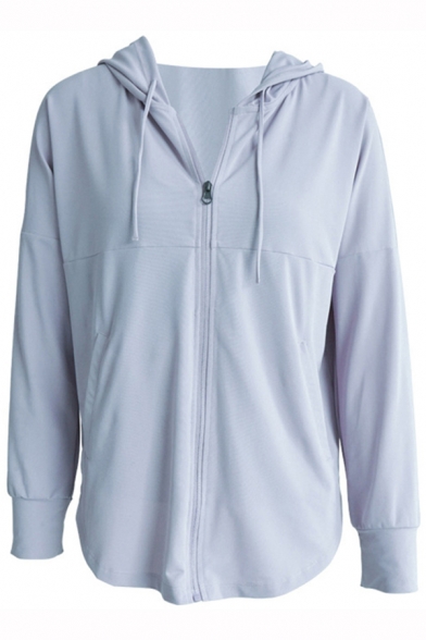 Simple Women's Hoodie Solid Color Zip Fly Long Sleeve Drawstring Hooded Sweatshirt