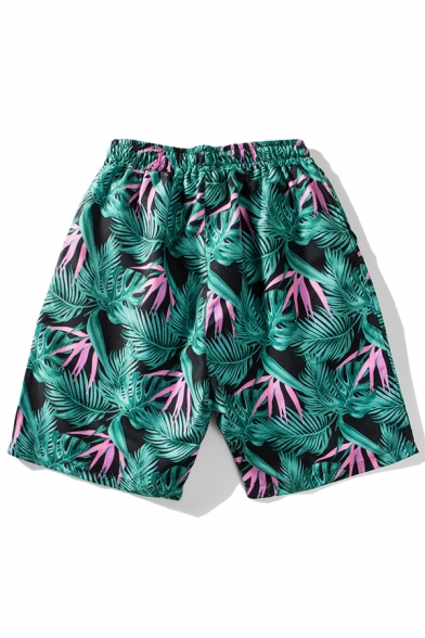 Stylish Quick Dry Men's Floral Green Swim Trunks without Liner with Lined Side Pockets