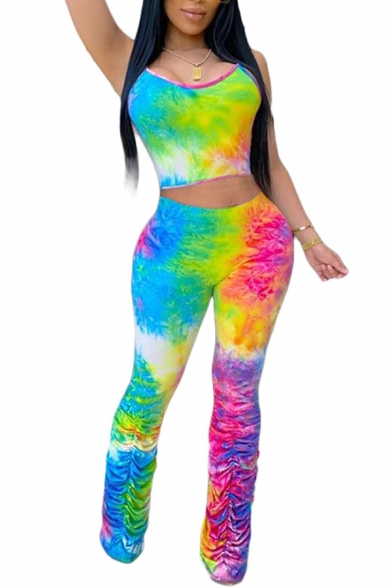 Summer Womens Set Tie Dye Printed Round Neck Fit Crop Cami & Ruched Pants Set
