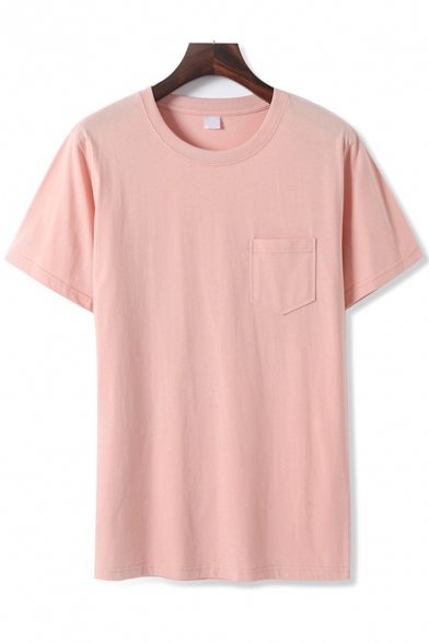 Summer Womens T Shirt Plain Chest Pocket Short Sleeve Crew Neck Loose Fit Tee Top
