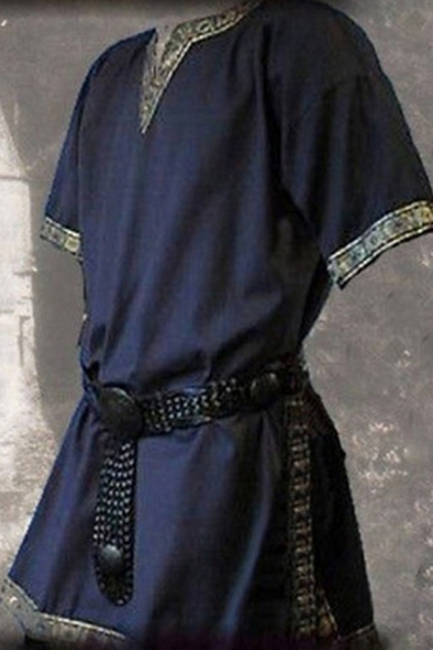 Tribal Mens T-Shirt Contrast Trim Side Splits Designed Belted Short Sleeve Split Neck Slim T-Shirt