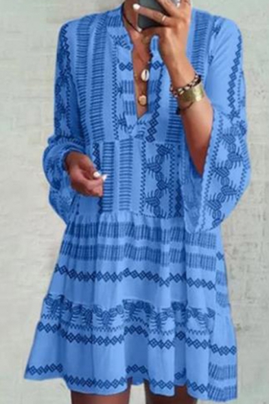 Vintage Women's Blouse Dress Graphic Tribal Print V Neck Long Flare Cuff Sleeve Mini Blouse Dress