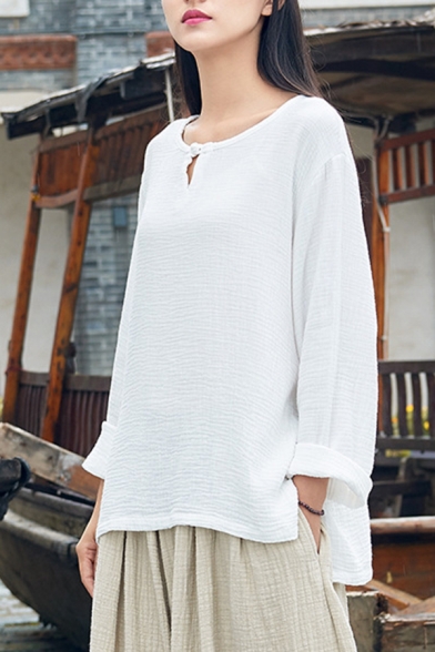 Vintage Womens T Shirt Solid Color Long Sleeve Round Neck Relaxed Fit T Shirt