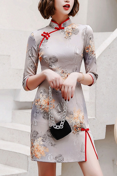 Casual Cheongsam Dress Floral Leaf Embroidery Frog Buttons Contrast Trim Side Splits Fitted Mandarin Collar 3/4 Sleeve Midi Dress for Women